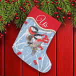 Personalized Cuddling Chickadees Couple Large Christmas Stocking<br><div class="desc">Perfect gift for newlywed couples and cuddlin’ couples at any age — a pair of chickadees in their scarves in a snow-filled tree loaded with winterberries. See more gifts and holiday home decor featuring this design in the “Newlyweds First Christmas” collection. Enjoy this popular illustration by artist, L Diane Johnson....</div>
