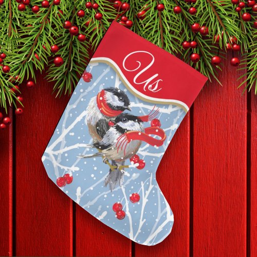 Personalized Cuddling Chickadees Couple Large Christmas Stocking