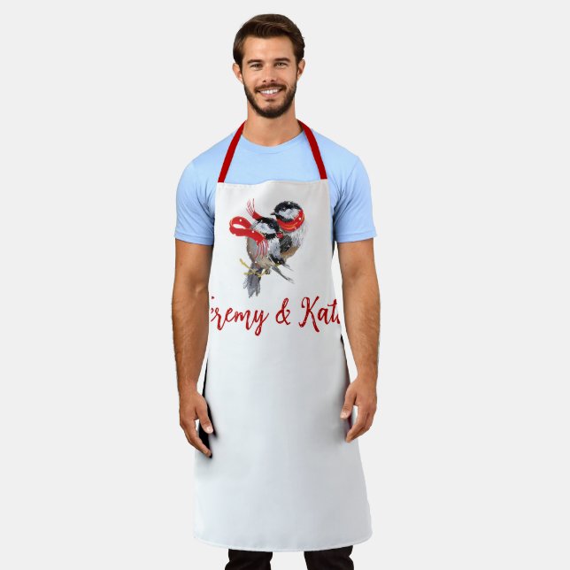 Personalized Cuddling Christmas Chickadees Apron (Worn)