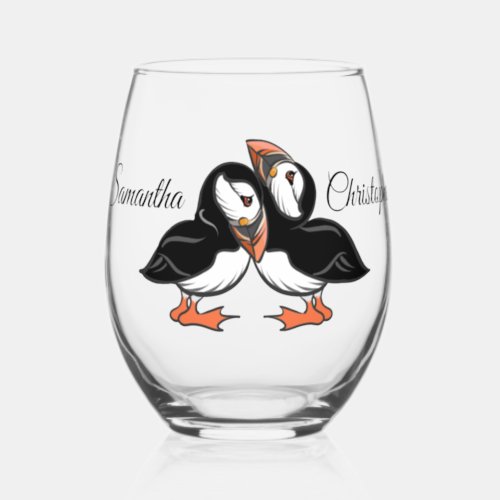 Personalized Cuddling Puffins Stemless Wine Glass