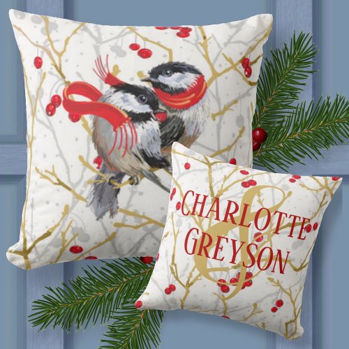 Personalized Cuddling Winter Chickadees  Throw Pillow