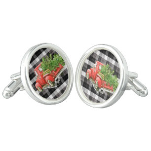 Personalized Cuff Links XMAS Truck Baffalo Plaid B
