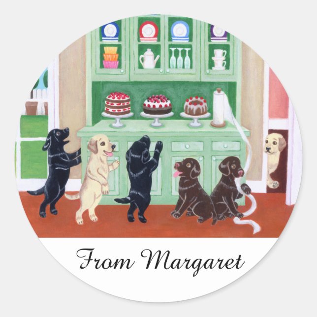 Personalized Cupboard Labrador Puppies Classic Round Sticker (Front)