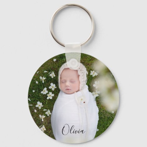 Personalized Custom Baby Photo Name Elegant Script Keychain