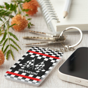 Personalized Custom Black And White Checkered Flag Keychain