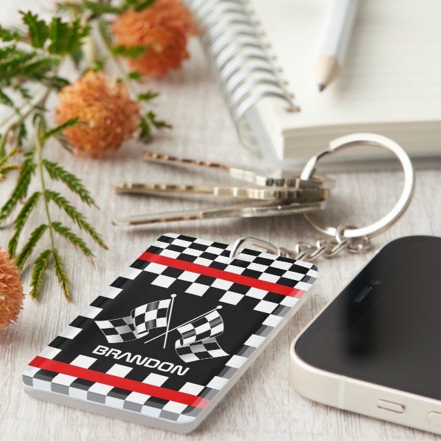 Personalized Custom Black And White Checkered Flag Keychain (Front Right)