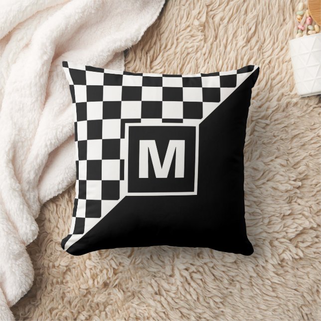 Personalized Custom Black And White Checkered Flag Throw Pillow (Blanket)