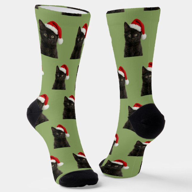 Personalized Custom Black Kitty Cat Christmas  Socks (Angled)