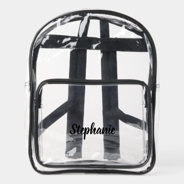 Personalized Custom Black Script Name Stadium  Clear Backpack (Front)