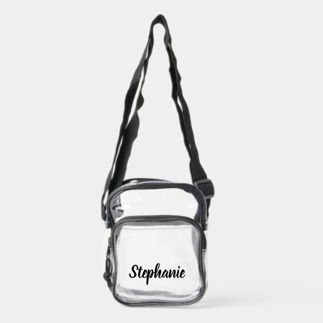 Personalized Custom Black Script Name Stadium  Clear Crossbody Bag (Front)