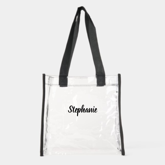 Personalized Custom Black Script Name Stadium  Clear Tote Bag (Front)