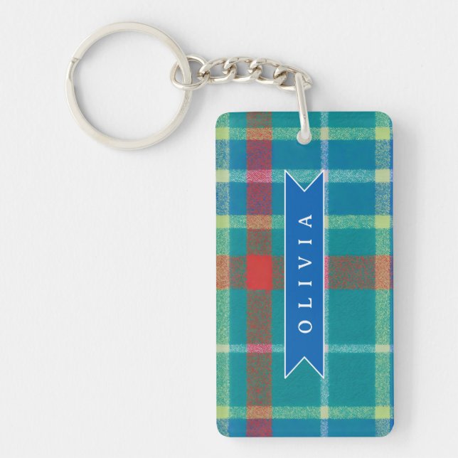 Personalized Custom Blue Plaid Preppy Style Keychain (Front)