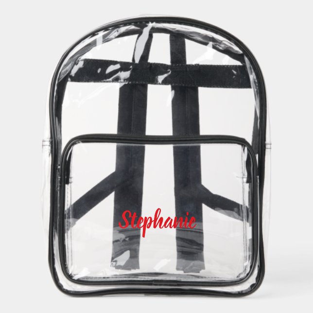 Personalized Custom Bold Red Script Name Stadium  Clear Backpack (Front)