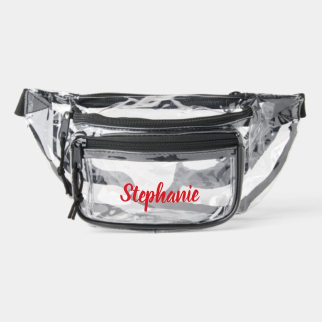 Personalized Custom Bold Red Script Name Stadium  Clear Fanny Pack (Front)