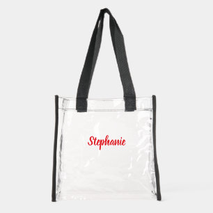 Personalized Custom Bold Red Script Name Stadium Clear Tote Bag
