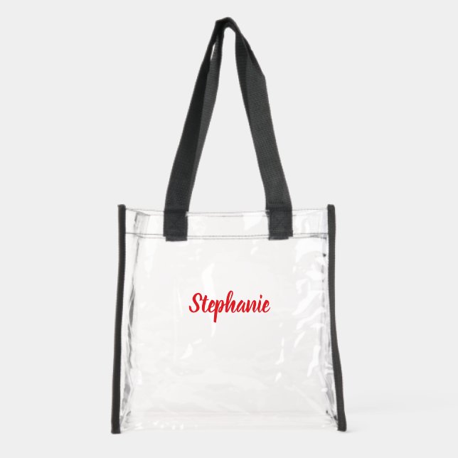 Personalized Custom Bold Red Script Name Stadium  Clear Tote Bag (Front)