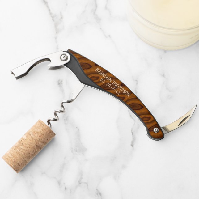 Personalized Custom Brown Wood Grain Pattern Waiter's Corkscrew (Front)