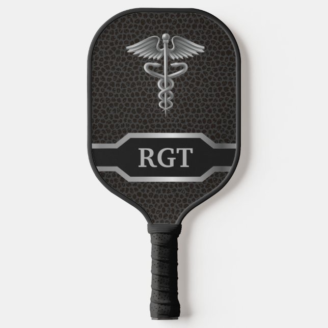 Personalized Custom Caduceus Black & Silver Pickleball Paddle (Front)
