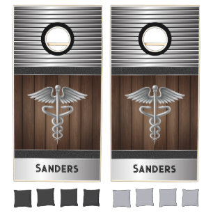Personalized Custom Caduceus Silver, Wood Cornhole Set
