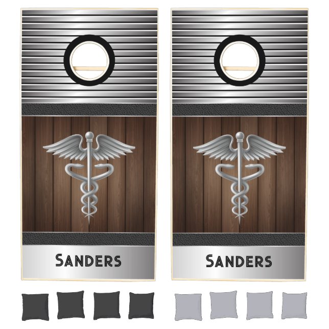 Personalized Custom Caduceus Silver, Wood Cornhole Set (Set)