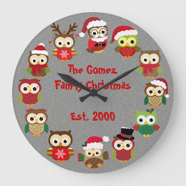 Personalized Custom Christmas Silver Owl Clock (Front)