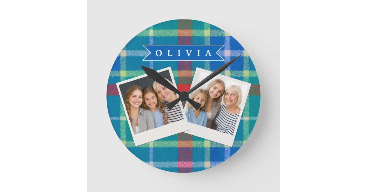 Personalized Custom Classic Blue Plaid Preppy Round Clock | Zazzle