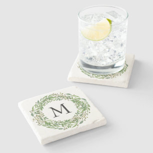 Personalized Custom Classic Green Laurel Wreath Stone Coaster
