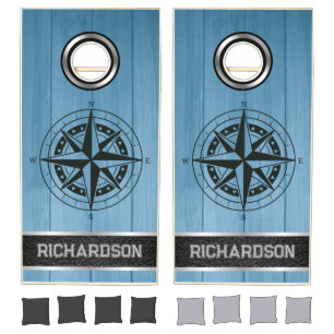 Personalized Custom Compass on Blue Wood, Silver Cornhole Set