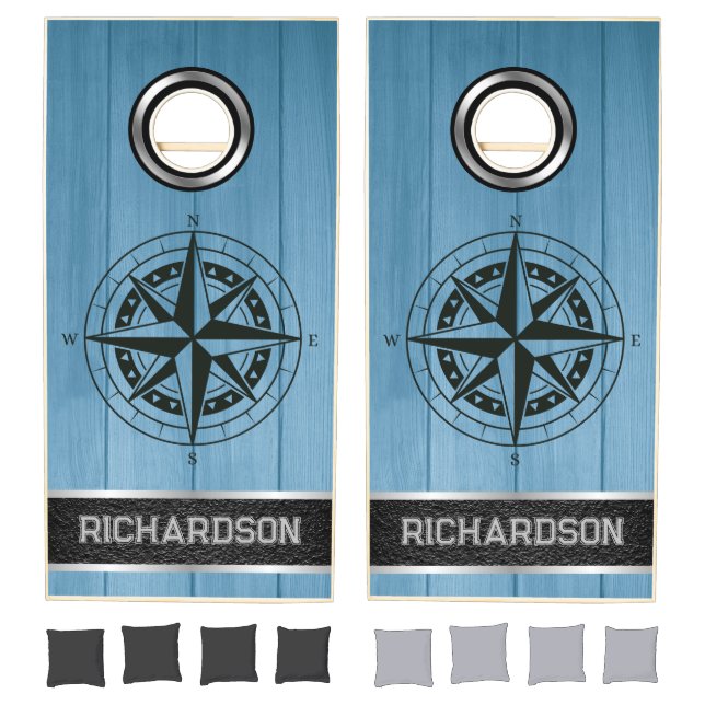Personalized Custom Compass on Blue Wood, Silver Cornhole Set (Set)