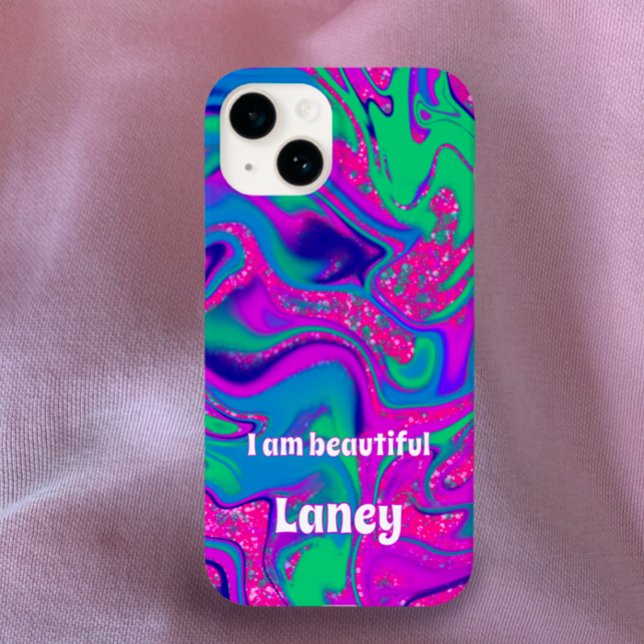 Personalized Custom Cool Groovy Pink Wavy Teal Case-Mate iPhone Case (Custom name inspirational quote groovy pink blue vibrant swirl phone case. Cool unique girly glitter)