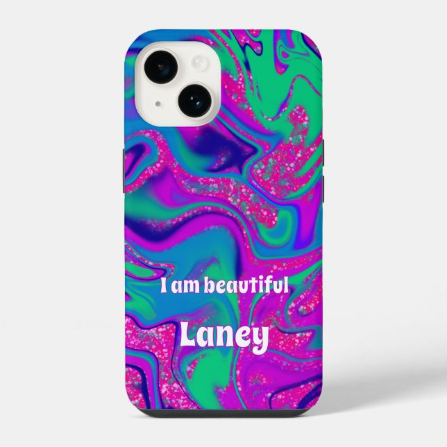 Personalized Custom Cool Groovy Pink Wavy Teal Iphone Case (Back)