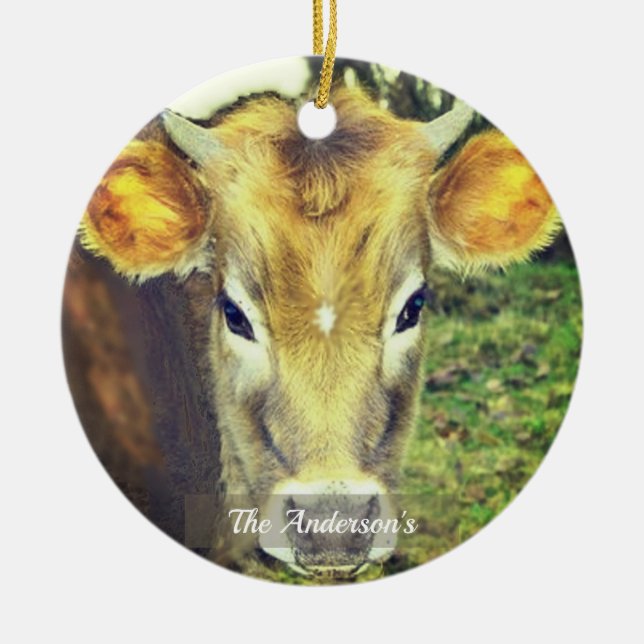 Personalized Custom Cow Photo Ceramic Ornament (Front)