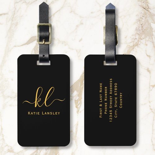 Personalized Custom Elegant Script Black Gold Luggage Tag