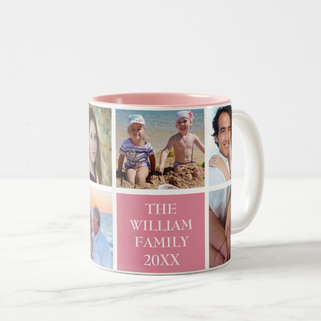 Personalized Custom Family 6 Photo Collage Pink Two-Tone Coffee Mug (Front Right)