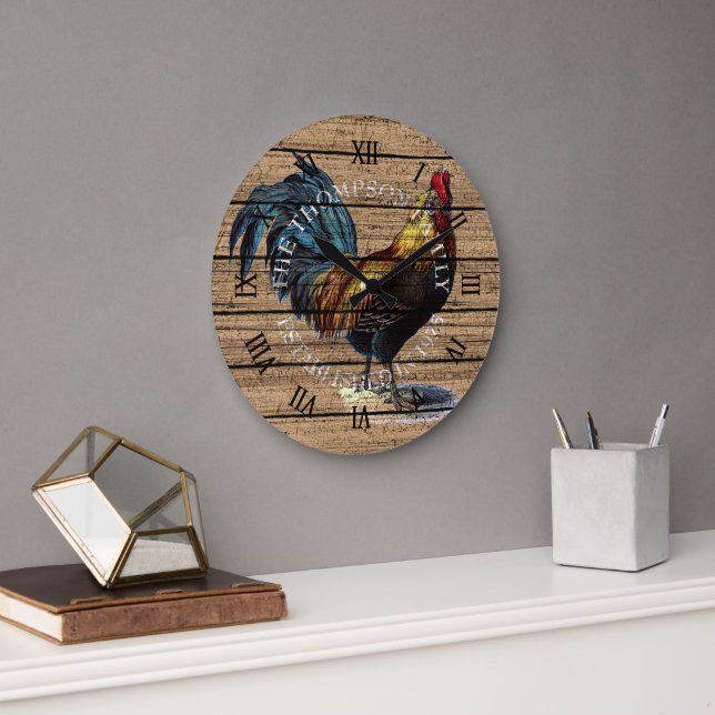 Personalized Custom Farm Rooster Illustration Large Clock (Office)