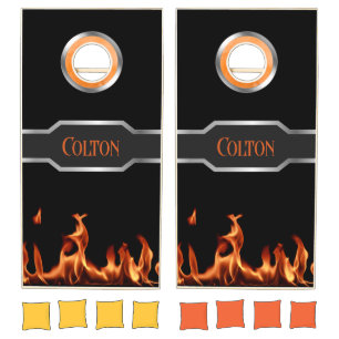 Personalized Custom Flames on Black Cornhole Set