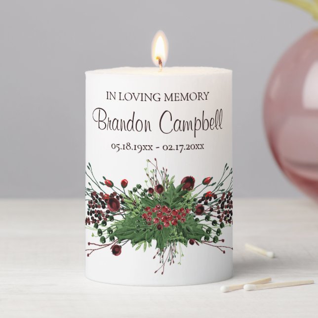 Personalized Custom Floral Foliage Memorial Pillar Candle (In Situ)