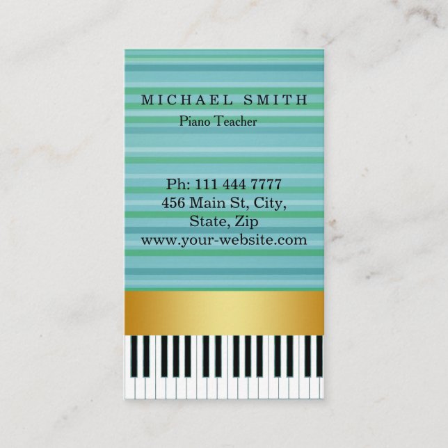 Personalized Custom Gold Stripe Piano Teacher Business Card (Front)