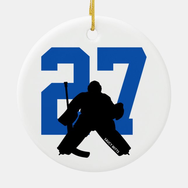 Personalized Custom Hockey Goalie Number Blue Ceramic Ornament (Back)