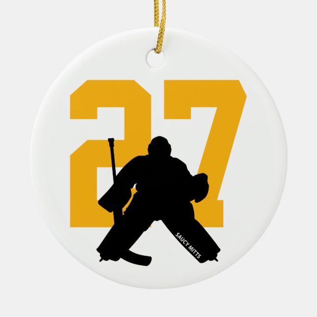 Personalized Custom Hockey Goalie Number Gold Ceramic Ornament (Front)