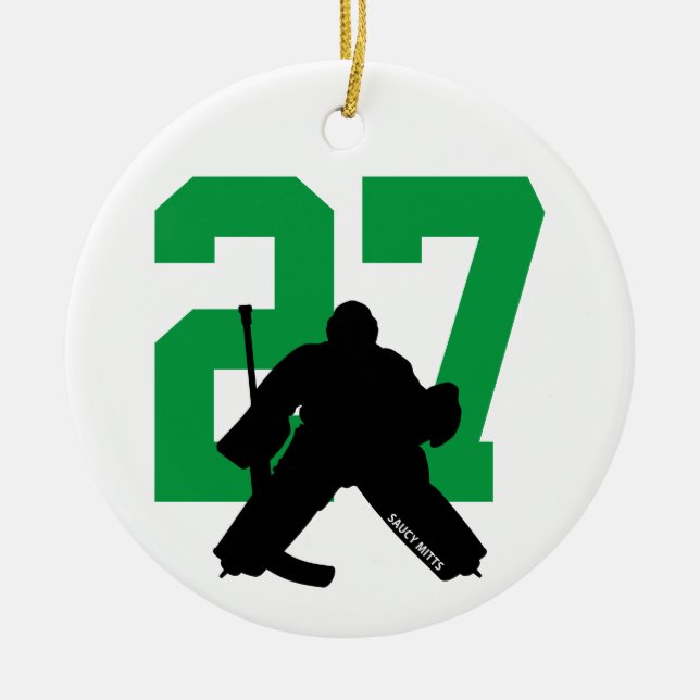 Personalized Custom Hockey Goalie Number Green Ceramic Ornament (Front)