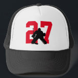 Personalized Custom Hockey Goalie Number Red Trucker Hat<br><div class="desc">get your hockey goalie number on a trucker hat in red and black</div>
