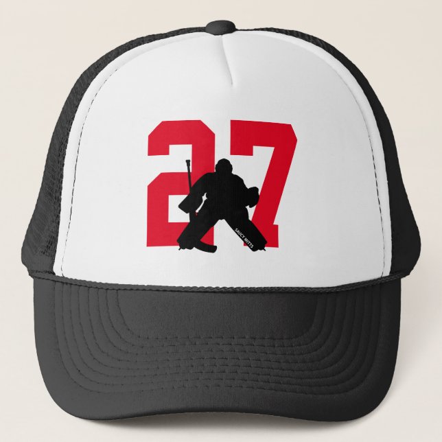Personalized Custom Hockey Goalie Number Red Trucker Hat (Front)