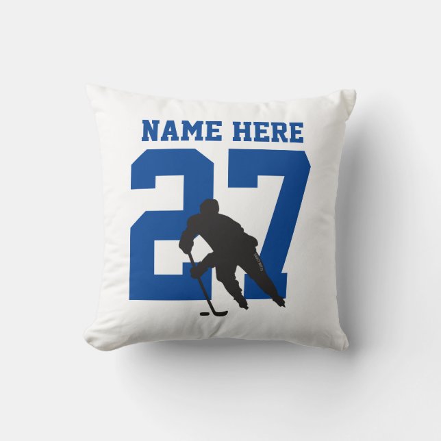 Personalized Custom Hockey Player Name Number Blue Throw Pillow (Front)