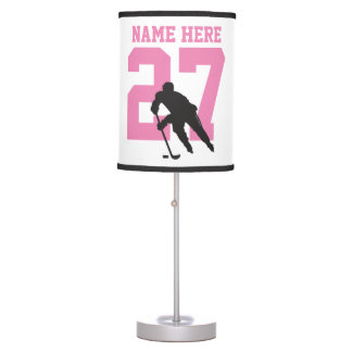 Personalized Custom Hockey Player Name Number Pink Table Lamp