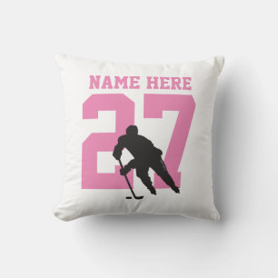 Personalized Custom Hockey Player Name Number Pink Throw Pillow