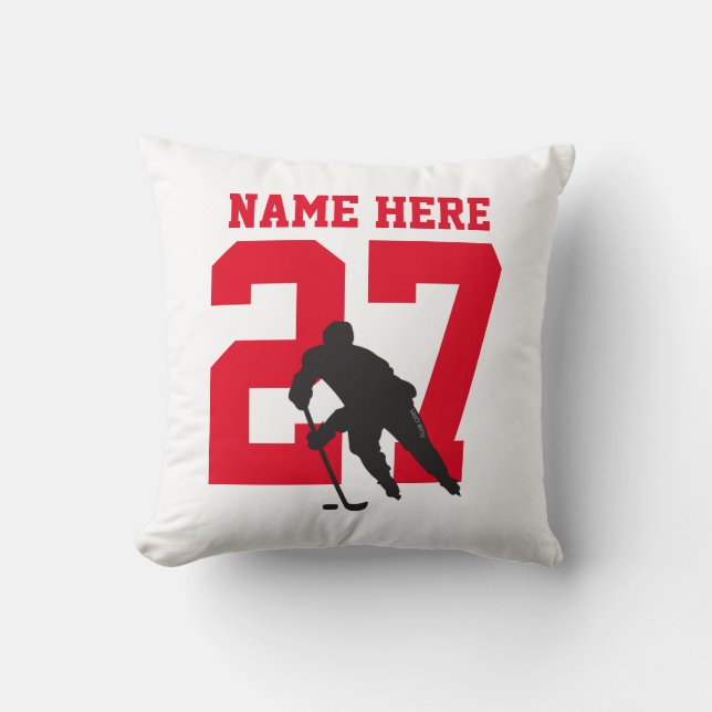 Personalized Custom Hockey Player Name Number Red Throw Pillow (Front)