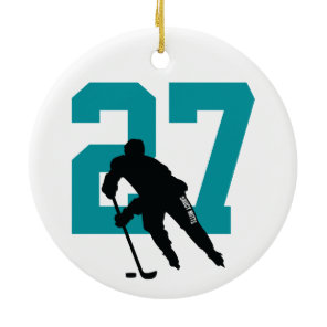 Personalized Custom Hockey Player Number Teal Ceramic Ornament