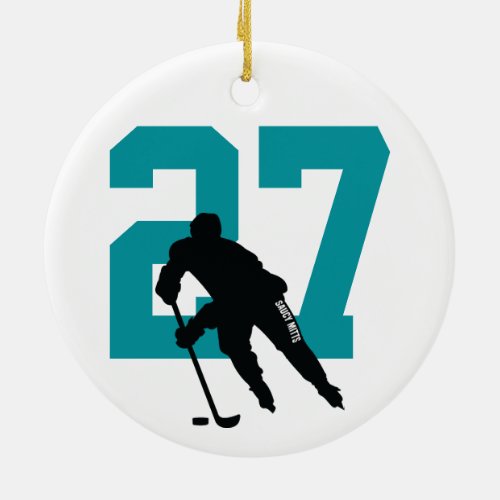 Personalized Custom Hockey Player Number Teal Ceramic Ornament
