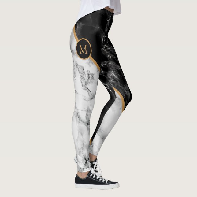 Personalized Custom Letter Leggings Black White (Right)